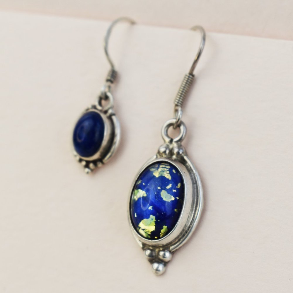 Blue asymmetrical earrings, statement mismatched earrings, boho dangles silver